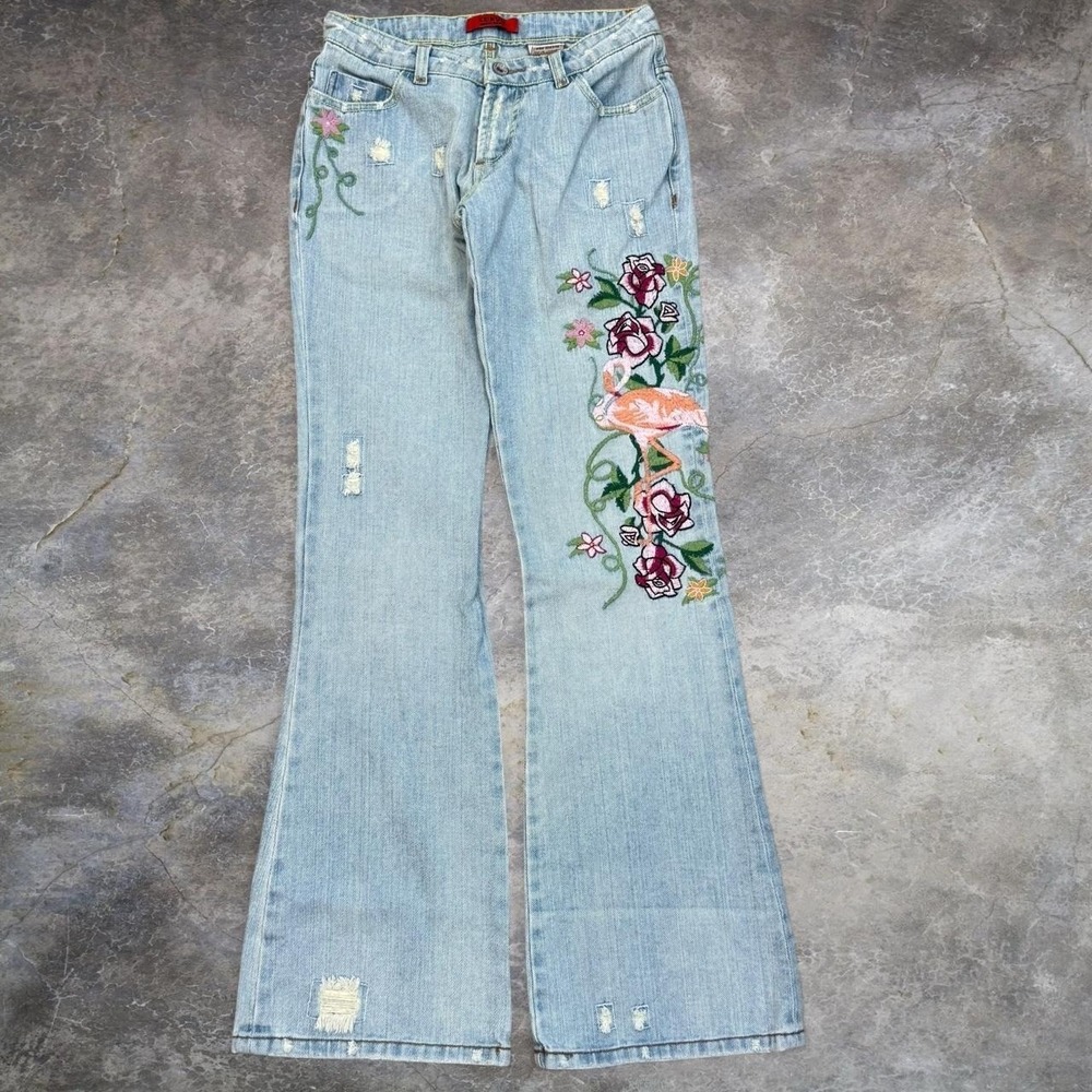Tokyo Denim Bank Flared Floral Embroidered Patchwork Jeans Women's Size 27 Y2K